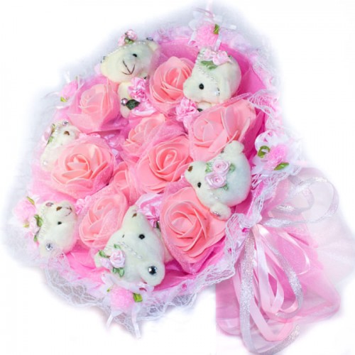 Букет из 6 мишек с цветочками розового цвета